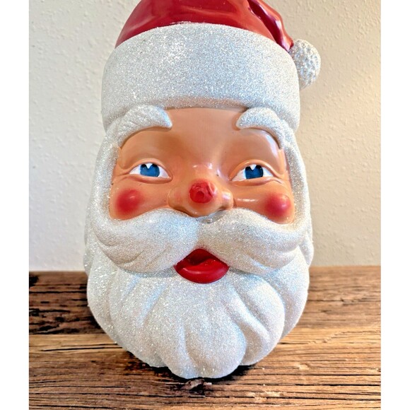 Vintage Blow Mold Christmas Santa Claus Head Glitter Used Nose Not Perfect - Picture 2 of 15